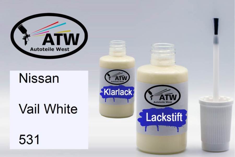 Nissan, Vail White, 531: 20ml Lackstift + 20ml Klarlack - Set, von ATW Autoteile West.